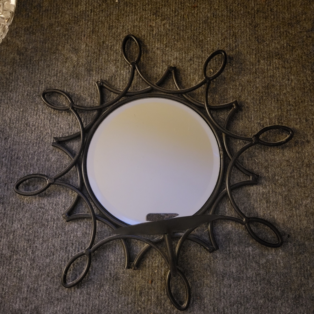 Sun Burst Rustic Metal Mirror w/Attached Candle Holder